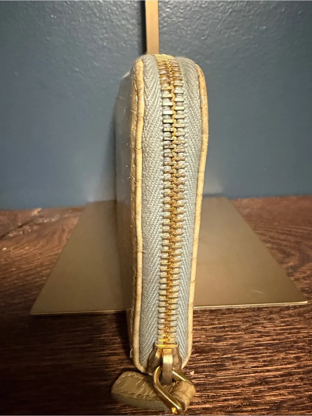 Miu Miu Light Green Croc-Effect Zip Pouch with Gold Logo